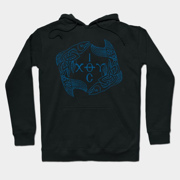 Blue Ichthys - Ιχθυς - Jesus Christ Son of God Saviour Hoodie by EkromDesigns